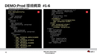 RED HAT | Daein Park
#rhconvergence
43
DEMO:Prod 環境構築 #1-6●
petstore-template.yaml
- apiVersion: v1
kind: DeploymentConfig
metadata:
labels:
app: postgresql
name: postgresql
spec:
replicas: 1
selector:
app: postgresql
deploymentconfig: postgresql
template:
metadata:
labels:
app: postgresql
deploymentconfig: postgresql
spec:
containers:
- env:
- name: POSTGRESQL_ADMIN_PASSWORD
value: redhat
- name: POSTGRESQL_DATABASE
value: petstore
- name: POSTGRESQL_PASSWORD
value: petstore
- name: POSTGRESQL_USER
value: petstore
image: "openshift/postgresql:9.2"
imagePullPolicy: IfNotPresent
name: postgresql
ports:
- containerPort: 5432
protocol: TCP
volumeMounts:
- mountPath: /var/lib/pgsql/data
name: postgresql-volume-1
volumes:
- name: postgresql-volume-1
persistentVolumeClaim:
claimName: postgres-pvc
triggers:
- type: ConfigChange
- imageChangeParams:
automatic: true
containerNames:
- postgresql
from:
kind: ImageStreamTag
name: postgresql:9.2
namespace: openshift
type: ImageChange
11 12
 
