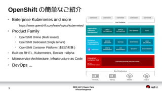 RED HAT | Daein Park
#rhconvergence
5
OpenShift の簡単なご紹介
●
Enterprise Kubernetes and more
https://www.openshift.com/learn/topics/kubernetes/
●
Product Family
●
OpenShift Online (Multi tenant)
●
OpenShift Dedicated (Single tenant)
●
OpenShift Container Platform ( 本日の対象 )
●
Built on RHEL, Kubernetes, Docker +Alpha
●
Microservice Architecture, Infrastructure as Code
●
DevOps ...
 