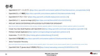 RED HAT | Daein Park
#rhconvergence
55
参考
●
OpenShift のコアーコンセプト [https://docs.openshift.com/container-platform/3.9/architecture/core_concepts/index.html]
●
OpenShift のレイヤ構成 [https://docs.openshift.com/container-platform/3.9/architecture/index.html]
●
OpenShift のデプロイフロー [https://blog.openshift.com/builds-deployments-services-v3/]
●
OpenShift v3 と source-to-image (s2i) [https://qiita.com/nak3/items/6407c01cc2d1f153c0f1]
●
RED HAT JBOSS ENTERPRISE APPLICATION PLATFORM FOR OPENSHIFT
[https://access.redhat.com/documentation/en-us/red_hat_jboss_enterprise_application_platform/7.1/html/red_hat_jboss_enterprise_application_platform_for_openshift/]
●
Create Your Own Build Pipelines with OpenShift 3.3 [https://blog.openshift.com/create-build-pipelines-openshift-3-3/]
●
PetStore Sample Application [https://github.com/agoncal/agoncal-application-petstore-ee7]
●
Kubernetes アンチパタン [http://nekop.github.io/slides/hbstudy78.html#/]
●
OpenShift の作業全般 [https://docs.openshift.com/container-platform/3.9/welcome/index.html]
●
Jboss Transaction Recovery
[https://access.redhat.com/documentation/en-us/red_hat_jboss_enterprise_application_platform/7.1/html-single/red_hat_jboss_enterprise_application_platform_for_openshift/#transaction_recovery_demo]
●
OpenShift CNS で gluster-block を有効化する [https://nekop.hatenablog.com/entry/2018/03/30/111737]
 