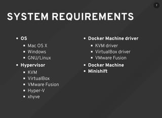 SYSTEM REQUIREMENTS
Docker Machine driver
KVM driver
VirtualBox driver
VMware Fusion
Docker Machine
Minishift
OS
​Mac OS X
Windows
GNU/Linux
Hypervisor
​KVM
VirtualBox
VMware Fusion
Hyper-V
xhyve
7
 