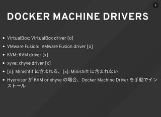 DOCKER MACHINE DRIVERS
VirtualBox: VirtualBox driver [o]
VMware Fusion: VMware Fusion driver [o]
KVM: KVM driver [x]
xyve: xhyve driver [x]
[o]: Minishﬁt に含まれる、[x]: Minishift に含まれない
Hyervisor が KVM or xhyve の場合、Docker Machine Driver を手動でイン
ストール
9
 