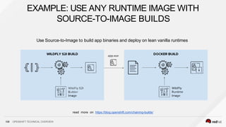 EXAMPLE: USE ANY RUNTIME IMAGE WITH
SOURCE-TO-IMAGE BUILDS
Use Source-to-Image to build app binaries and deploy on lean vanilla runtimes
read more on https://blog.openshift.com/chaining-builds/
108 OPENSHIFT TECHNICAL OVERVIEW
 