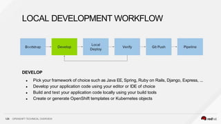 DEVELOP
● Pick your framework of choice such as Java EE, Spring, Ruby on Rails, Django, Express, ...
● Develop your application code using your editor or IDE of choice
● Build and test your application code locally using your build tools
● Create or generate OpenShift templates or Kubernetes objects
LOCAL DEVELOPMENT WORKFLOW
129 OPENSHIFT TECHNICAL OVERVIEW
 