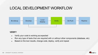 VERIFY
● Verify your code is working as expected
● Run any type of tests that are required with or without other components (database, etc)
● Based on the test results, change code, deploy, verify and repeat
LOCAL DEVELOPMENT WORKFLOW
131 OPENSHIFT TECHNICAL OVERVIEW
 