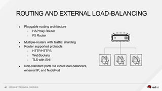 ● Pluggable routing architecture
○ HAProxy Router
○ F5 Router
● Multiple-routers with traffic sharding
● Router supported protocols
○ HTTP/HTTPS
○ WebSockets
○ TLS with SNI
● Non-standard ports via cloud load-balancers,
external IP, and NodePort
ROUTING AND EXTERNAL LOAD-BALANCING
40 OPENSHIFT TECHNICAL OVERVIEW
 