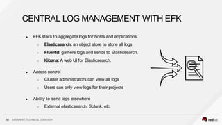 ● EFK stack to aggregate logs for hosts and applications
○ Elasticsearch: an object store to store all logs
○ Fluentd: gathers logs and sends to Elasticsearch.
○ Kibana: A web UI for Elasticsearch.
● Access control
○ Cluster administrators can view all logs
○ Users can only view logs for their projects
● Ability to send logs elsewhere
○ External elasticsearch, Splunk, etc
CENTRAL LOG MANAGEMENT WITH EFK
55 OPENSHIFT TECHNICAL OVERVIEW
 