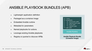 ● Lightweight application definition
● Packaged as a container image
● Embedded Ansible runtime
● Metadata for parameters
● Named playbooks for actions
● Leverage existing Ansible playbooks
● Registry is queried to discover APBs
79 OPENSHIFT TECHNICAL OVERVIEW
ANSIBLE PLAYBOOK BUNDLES (APB)
Ansible Playbook Bundle
(Container Image)
Ansible Runtime
├─ roles
├─ playbooks
│ ├─ provision.yaml
│ ├─ unprovision.yaml
│ ├─ bind.yaml
│ └─ unbind.yaml
└─ apb.yaml
 