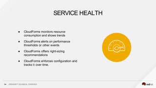 ● CloudForms monitors resource
consumption and shows trends
● CloudForms alerts on performance
thresholds or other events
● CloudForms offers right-sizing
recommendations
● CloudForms enforces configuration and
tracks it over time.
SERVICE HEALTH
94 OPENSHIFT TECHNICAL OVERVIEW
 