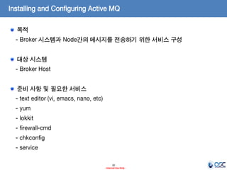 Installing and Configuring Active MQ
목적
- Broker 시스템과 Node간의 메시지를 전송하기 위한 서비스 구성
대상 시스템

- Broker Host
준비 사항 및 필요한 서비스
- text editor (vi, emacs, nano, etc)

- yum
- lokkit
- firewall-cmd
- chkconfig

- service
30
- Internal Use Only -

 