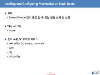 Installing and Configuring Mcollective on Node hosts
목적
- Broker와 Node 간의 통신 할 수 있는 환경 설치 및 설정
대상 시스템

- Node
준비 사항 및 필요한 서비스
- text editor (vi, emacs, nano, etc)

- yum
- dig
- chkconfig

37
- Internal Use Only -

 
