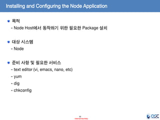 Installing and Configuring the Node Application
목적
- Node Host에서 동작하기 위한 필요한 Package 설치
대상 시스템

- Node
준비 사항 및 필요한 서비스
- text editor (vi, emacs, nano, etc)

- yum
- dig
- chkconfig

39
- Internal Use Only -

 