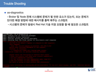 Trouble Shooting
oo-diagnostics
- Broker 및 Node 전체 시스템에 문제가 될 만한 요소가 있는지, 또는 문제가
있다면 해결 방법에 대한 메시지를 출력 해주는 스크립트
- 시스템의 문제가 발생시 Red Hat 기술 지원 요청을 할 때 필요한 스크립트

42
- Internal Use Only -

 