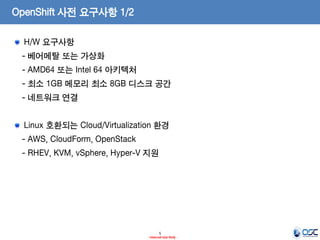 OpenShift 사전 요구사항 1/2
H/W 요구사항
- 베어메탈 또는 가상화
- AMD64 또는 Intel 64 아키텍처
- 최소 1GB 메모리 최소 8GB 디스크 공간

- 네트워크 연결
Linux 호환되는 Cloud/Virtualization 환경
- AWS, CloudForm, OpenStack

- RHEV, KVM, vSphere, Hyper-V 지원

5
- Internal Use Only -

 