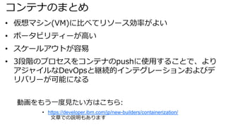 コンテナのまとめ
• 仮想マシン(VM)に比べてリソース効率がよい
• ボータビリティーが高い
• スケールアウトが容易
• 3段階のプロセスをコンテナのpushに使用することで、より
アジャイルなDevOpsと継続的インテグレーションおよびデ
リバリーが可能になる
動画をもう一度見たい方はこちら:
• https://developer.ibm.com/jp/new-builders/containerization/
文章での説明もあります
 