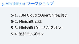 5. Minishift101 ワークショップ
5-1. IBM CloudでOpenShiftを使う
5-2. Minishift とは
5-3. Minishift101 –ハンズオン–
5-4. 追加ハンズオン
 