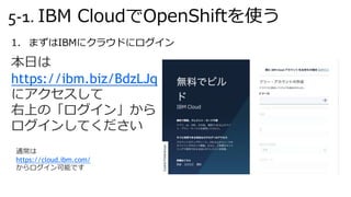 5-1. IBM CloudでOpenShiftを使う
1. まずはIBMにクラウドにログイン
本日は
https://ibm.biz/BdzLJq
にアクセスして
右上の「ログイン」から
ログインしてください
通常は
https://cloud.ibm.com/
からログイン可能です
 