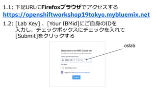 1.1: 下記URLにFirefoxブラウザでアクセスする
https://openshiftworkshop19tokyo.mybluemix.net
1.2: [Lab Key] 、[Your IBMid]にご⾃⾝のIDを
⼊⼒し、チェックボックスにチェックを⼊れて
[Submit]をクリックする
oslab
 