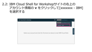 2.2: IBM Cloud Shell for Workshopサイトの右上の
アカウント情報の v をクリックして[xxxxxxx - IBM]
を選択する
 