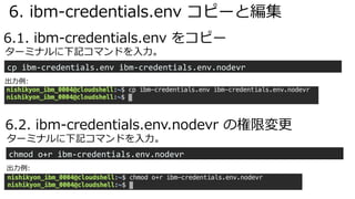 6. ibm-credentials.env コピーと編集
6.1. ibm-credentials.env をコピー
cp ibm-credentials.env ibm-credentials.env.nodevr
ターミナルに下記コマンドを⼊⼒。
出⼒例:
6.2. ibm-credentials.env.nodevr の権限変更
chmod o+r ibm-credentials.env.nodevr
ターミナルに下記コマンドを⼊⼒。
出⼒例:
 