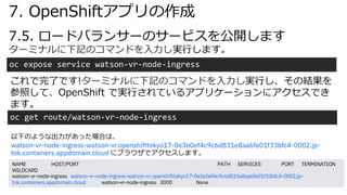 7.5. ロードバランサーのサービスを公開します
oc expose service watson-vr-node-ingress
ターミナルに下記のコマンドを⼊⼒し実⾏します。
7. OpenShiftアプリの作成
これで完了です!ターミナルに下記のコマンドを⼊⼒し実⾏し、その結果を
参照して、OpenShift で実⾏されているアプリケーションにアクセスでき
ます。
oc get route/watson-vr-node-ingress
NAME HOST/PORT PATH SERVICES PORT TERMINATION
WILDCARD
watson-vr-node-ingress watson-vr-node-ingress-watson-vr.openshifttokyo17-0e3e0ef4c9c6d831e8aa6fe01f33bfc4-0002.jp-
tok.containers.appdomain.cloud watson-vr-node-ingress 3000 None
以下のような出⼒があった場合は、
watson-vr-node-ingress-watson-vr.openshifttokyo17-0e3e0ef4c9c6d831e8aa6fe01f33bfc4-0002.jp-
tok.containers.appdomain.cloud にブラウザでアクセスします。
 