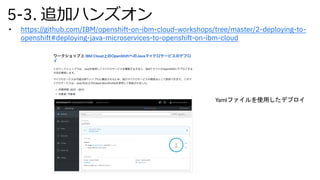 5-3. 追加ハンズオン
• https://github.com/IBM/openshift-on-ibm-cloud-workshops/tree/master/2-deploying-to-
openshift#deploying-java-microservices-to-openshift-on-ibm-cloud
Yamlファイルを使用したデプロイ
 