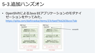 5-3.追加ハンズオン
• OpenShiftによるJava EEアプリケーションのモダナイ
ゼーションをやってみた。
https://qiita.com/daihiraoka/items/23cfaed7662d36ccc7ab
minishift
 