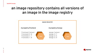 OpenShift Concepts
11
an image repository contains all versions of
an image in the image registry
IMAGE REGISTRY
frontend:latest
frontend:2.0
frontend:1.1
frontend:1.0
mongo:latest
mongo:3.7
mongo:3.6
mongo:3.4
myregistry/frontend myregistry/mongo
IMAGE
IMAGE
IMAGE
IMAGE
IMAGE
IMAGE
IMAGE
IMAGE
 