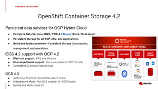 OpenShift Container Storage 4.2
OPENSHIFT PLATFORM
● Complete Data Services: RWO, RWX & S3(new) (block, file & object)
● Persistent storage for all OCP Infra and Applications
● Build and deploy anywhere -Consistent Storage Consumption,
management, and operations
OCS 4.2 support with OCP 4.2
● Platform support: AWS and VMware
● Converged Mode support : Run as a service on OCP Cluster
● Consistent S3 across hybrid cloud
OCS 4.3
● Additional Platform: Bare Metal, Azure Cloud
● Independent Mode : Run OCS outside of OCP Cluster
● Hybrid and Multi-cloud S3
Persistent data services for OCP Hybrid Cloud
 