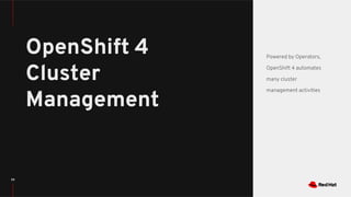 59
OpenShift 4
Cluster
Management
Powered by Operators,
OpenShift 4 automates
many cluster
management activities
 