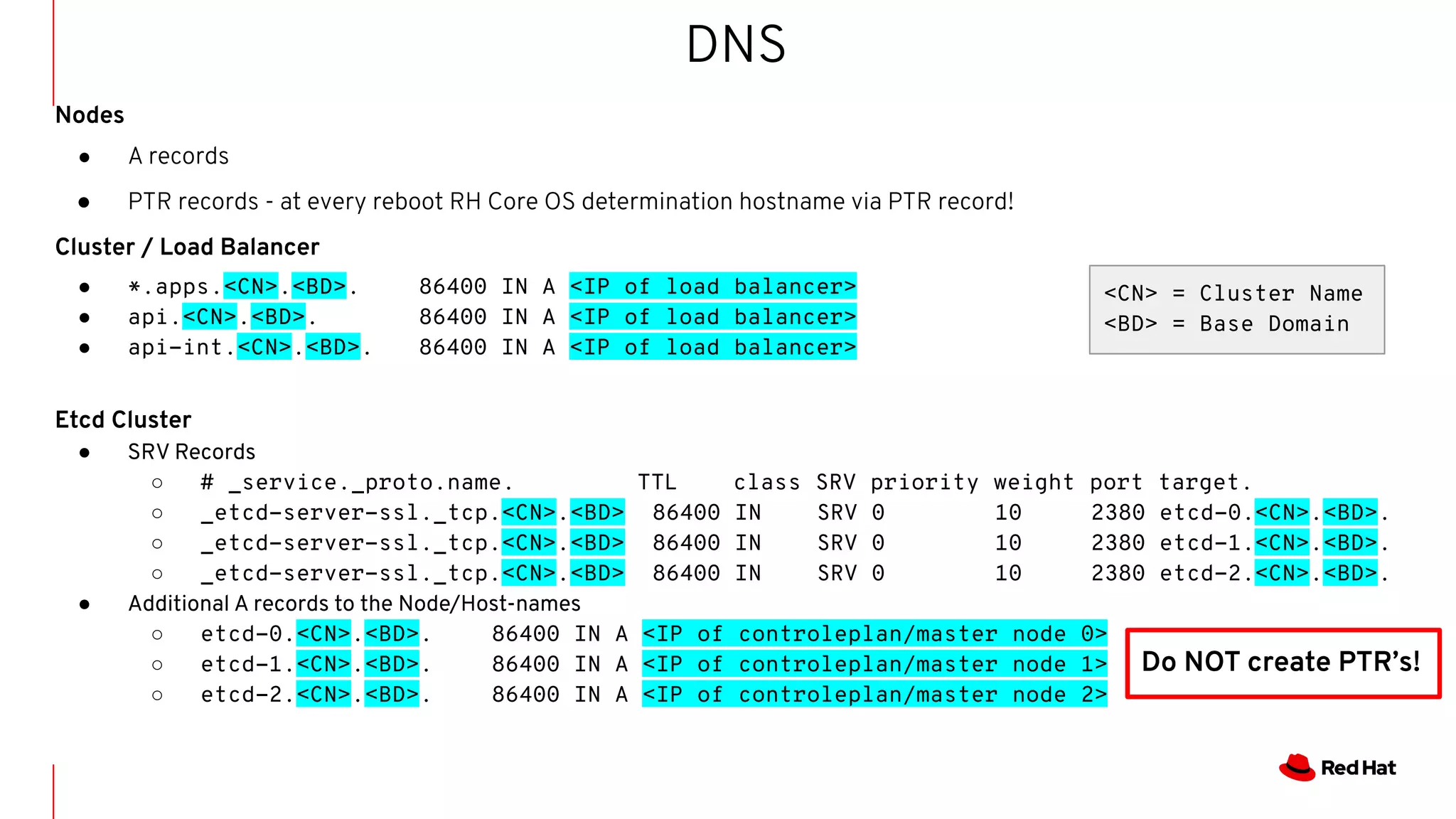 DNS
Nodes
● A records
● PTR records - at every reboot RH Core OS determination hostname via PTR record!
Cluster / Load Balancer
● *.apps.<CN>.<BD>. 86400 IN A <IP of load balancer>
● api.<CN>.<BD>. 86400 IN A <IP of load balancer>
● api-int.<CN>.<BD>. 86400 IN A <IP of load balancer>
Etcd Cluster
● SRV Records
○ # _service._proto.name. TTL class SRV priority weight port target.
○ _etcd-server-ssl._tcp.<CN>.<BD> 86400 IN SRV 0 10 2380 etcd-0.<CN>.<BD>.
○ _etcd-server-ssl._tcp.<CN>.<BD> 86400 IN SRV 0 10 2380 etcd-1.<CN>.<BD>.
○ _etcd-server-ssl._tcp.<CN>.<BD> 86400 IN SRV 0 10 2380 etcd-2.<CN>.<BD>.
● Additional A records to the Node/Host-names
○ etcd-0.<CN>.<BD>. 86400 IN A <IP of controleplan/master node 0>
○ etcd-1.<CN>.<BD>. 86400 IN A <IP of controleplan/master node 1>
○ etcd-2.<CN>.<BD>. 86400 IN A <IP of controleplan/master node 2>
Do NOT create PTR’s!
<CN> = Cluster Name
<BD> = Base Domain
 