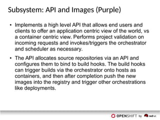 Subsystem: API and Images (Purple)
● Implements a high level API that allows end users and
clients to offer an application centric view of the world, vs
a container centric view. Performs project validation on
incoming requests and invokes/triggers the orchestrator
and scheduler as necessary.
● The API allocates source repositories via an API and
configures them to bind to build hooks. The build hooks
can trigger builds via the orchestrator onto hosts as
containers, and then after completion push the new
images into the registry and trigger other orchestrations
like deployments.
 