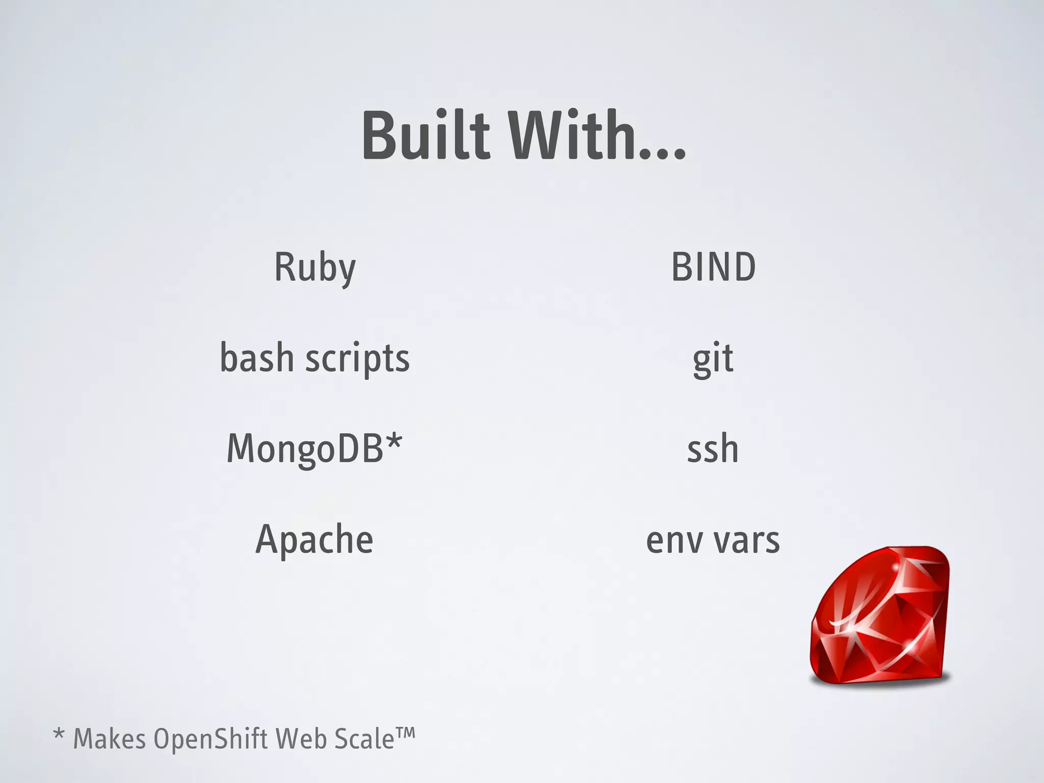 Built With…
Ruby

BIND

bash scripts

git

MongoDB*

ssh

Apache

env vars

* Makes OpenShift Web Scale™

 