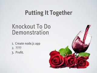 Putting It Together
Knockout To Do
Demonstration
!
!

1. Create node.js app
2. ????
3. Proﬁt.

 