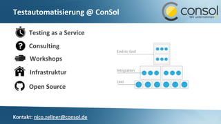 Testing as a Service
Consulting
Workshops
Infrastruktur
Open Source
Testautomatisierung @ ConSol
Kontakt: nico.zellner@consol.de
 