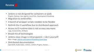 OpenShift Build Pipelines: Build -> Test -> Run! Folie 38
Review
• Jenkins is not designed for containers or pods
Plugins, Startup, Java Agents, local Files, Development Roadmap
• Migration to Jenkinsfiles
• A bunch of wrapper scripts needed, to be flexible
• Rethink the CI workflow due to distributed approach
• Access to CI runtime data is not so easy any more
Logs, Screenshots, Artifacts
• Broad mix of technologies
• Jenkins slave image is intransparent -> do it yourself!
Base image: github.com/openshift/jenkins/slave-base
• Distributed documentation
OpenShift, Kubernetes, Jenkins, Jenkins-Plugins, Docker, …
 