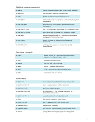 3
Additional resource management
oc patch Update fields for a resource with JSON or YAML segments
oc extract get configmaps or secrets and save to disk
oc set Modify miscellaneous application resources
oc set probe Add a readiness/liveness probe on pod template/deployment
configuration
oc set volumes Manage volume types on a pod template/deployment
configuration
oc set build-hook Set a script/command to execute as part of the build process
oc set build-secret set a secret to be included as part of the build process
oc set env set environment variables on a pod template/deployment
configuration/build configuration
oc set image update the image for deployment configurations/
daemonsets
oc set triggers set triggers for deployment configurations/build
configurations
Operational commands
oc logs retrieve the logs for a resource (build configurations,
deployment configurations, and pods)
oc rsh remote shell into a container
oc rsync copy files to or from a container
oc exec execute a command in a container
oc run create a deployment configuration from image
oc idle scale resources to zero replicas
Build / Deploy
oc rollout manage deployments from deployment configuration
oc rollout latest start a new deployment with the latest state
oc rollout undo perform a rollback operation
oc rollout history oc rollout history - View historical information for a
deployment configuration
oc rollout status watch the status of a rollout until complete
oc tag tag existing images into image streams
oc start-build start a new build from a build configuration
oc cancel-build cancel a build in progress
oc import-image pull in images and tags from an external Docker registry
oc scale change the number of pod replicas for a deployment
 