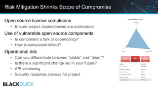 Risk Mitigation Shrinks Scope of Compromise
Open source license compliance
• Ensure project dependencies are understood
Us...