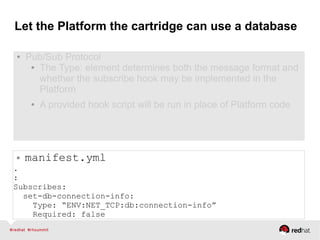Let the Platform the cartridge can use a database
● Pub/Sub Protocol
● The Type: element determines both the message format and
whether the subscribe hook may be implemented in the
Platform
● A provided hook script will be run in place of Platform code
● manifest.yml
.
:
Subscribes:
set-db-connection-info:
Type: “ENV:NET_TCP:db:connection-info”
Required: false
 