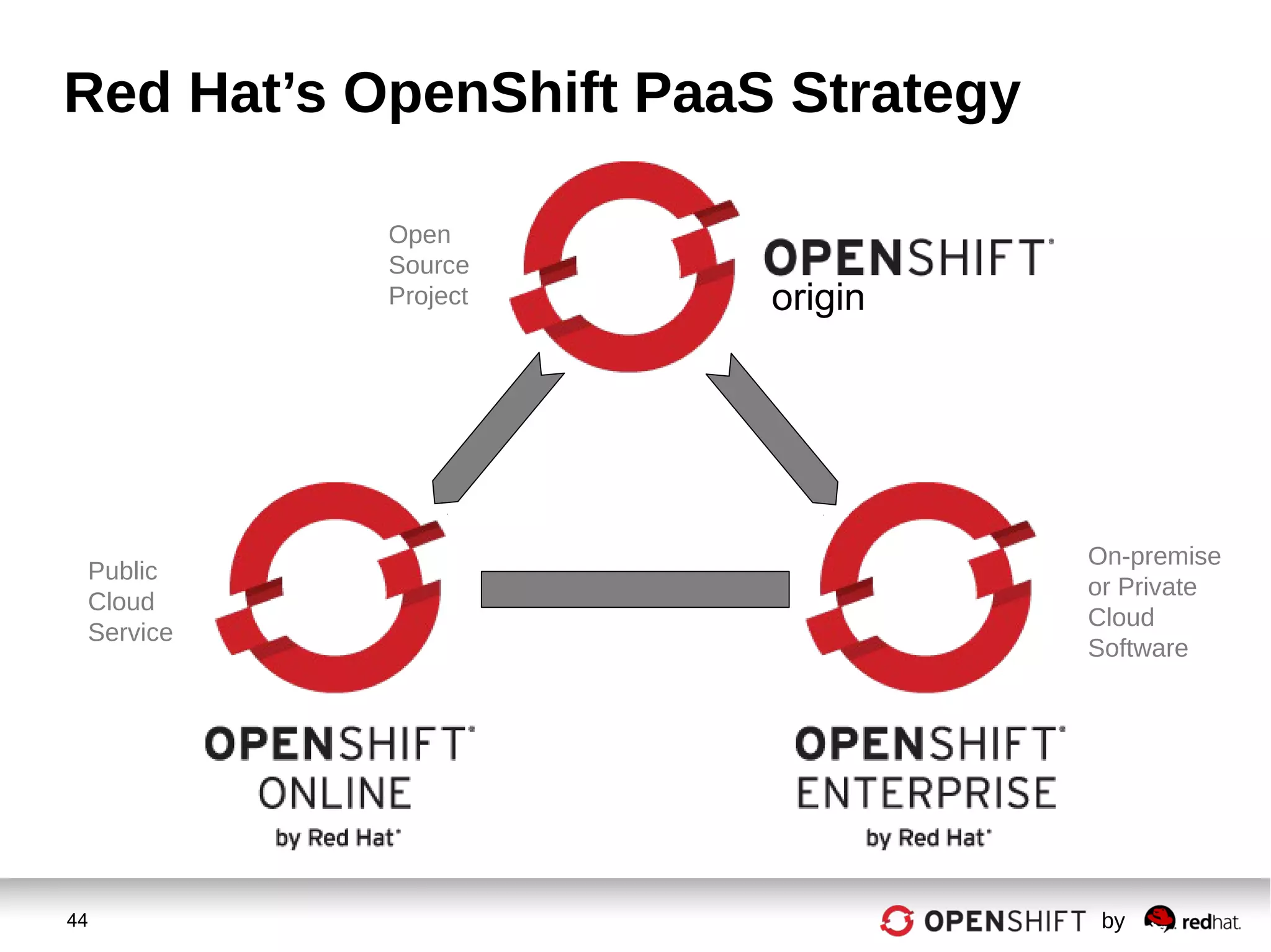 44 by
Red Hat’s OpenShift PaaS Strategy
origin
Public
Cloud
Service
On-premise
or Private
Cloud
Software
Open
Source
Project
 