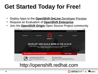 46 by
Get Started Today for Free!
http://openshift.redhat.com
• Deploy Apps to the OpenShift OnLine Developer Preview
• Request an Evaluation of OpenShift Enterprise
• Join the OpenShift Origin Open Source Project community
 