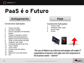 PaaS é o Futuro
          Antigamente                                                                                              Hoje
 Construindo Aplicações:                                                              Construindo Aplicações:
                                                                                      1.        Tenha a idéia
 1.    Tenha uma idéia                                                                2.        Codifique, teste, repita
 2.    Consiga o Budget                                                               3.        Lance a App
 3.    Envie a requisição de Hardware                                                 4.        Escale
 4.    Espere
 5.    Chegou o Hardware, eeee?!
 6.    Deploy framework/appserver
 7.    Deploy ferramentas de testing
 8.    Teste as ferramentas de teste
 9.    Codifique, test, repita
 10.   Configure Servidores de Prod
 11.   Faça o Deploy
 12.   Lance a App
 13.   Compre mais Servidores
 14.   Espere                                       “The use of Platform-as-a-Service technologies will enable IT
 15.   Deploy de novos Servidores                   organizations to become more agile and more responsive to
 16.   Etc.
                                                    the business needs.” –Gartner*

14                             *http://www.gartner.com/technology/research/cloud-computing/report/paas-cloud.jsp
 