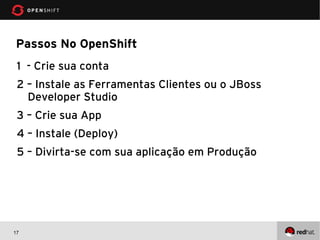 Passos No OpenShift
 1 - Crie sua conta
 2 – Instale as Ferramentas Clientes ou o JBoss
   Developer Studio
 3 – Crie sua App
 4 – Instale (Deploy)
 5 – Divirta-se com sua aplicação em Produção




17
 