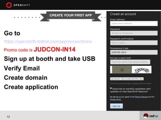 CREATE YOUR FIRST APP


Go to
https://openshift.redhat.com/app/account/new

Promo code is JUDCON-IN14

Sign up at booth and take USB
Verify Email
Create domain
Create application

13

 