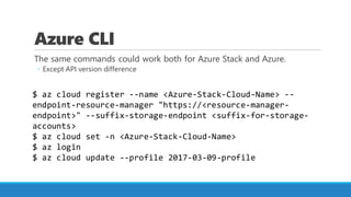 Azure CLI
The same commands could work both for Azure Stack and Azure.
◦ Except API version difference
$ az cloud register...