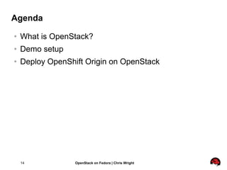 Agenda
   What is OpenStack?
   Demo setup
   Deploy OpenShift Origin on OpenStack




    14            OpenStack on Fedora | Chris Wright
 