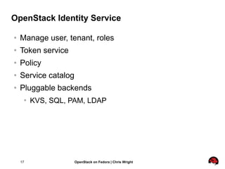 OpenStack Identity Service

   Manage user, tenant, roles
   Token service
   Policy
   Service catalog
   Pluggable backends
        KVS, SQL, PAM, LDAP




    17                OpenStack on Fedora | Chris Wright
 