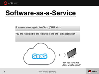 Software-as-a-Service
      Someone else’s app in the Cloud (CRM, etc.)

      You are restricted to the features of the 3...
