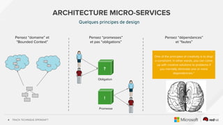 TRACK TECHNIQUE OPENSHIFT4
ARCHITECTURE MICRO-SERVICES
Pensez “domaine” et
“Bounded Context”
Pensez “promesses”
et pas “obligations”
?
!
Obligation
Promesse
Pensez “dépendances”
et “fautes”
“
One of the principles of creativity is to drop
a constraint. In other words, you can come
up with creative solutions to problems if
you mentally eliminate one or more
dependencies.”
Quelques principes de design
 