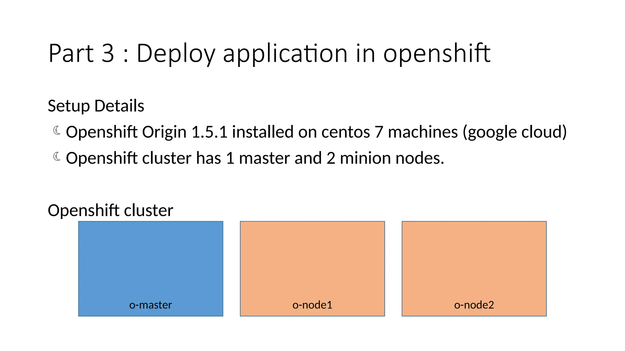 Part 3 : Deploy application in openshift
Setup Details
Openshift Origin 1.5.1 installed on centos 7 machines (google cloud)
Openshift cluster has 1 master and 2 minion nodes.
Openshift cluster
o-master o-node2
o-node1
 
