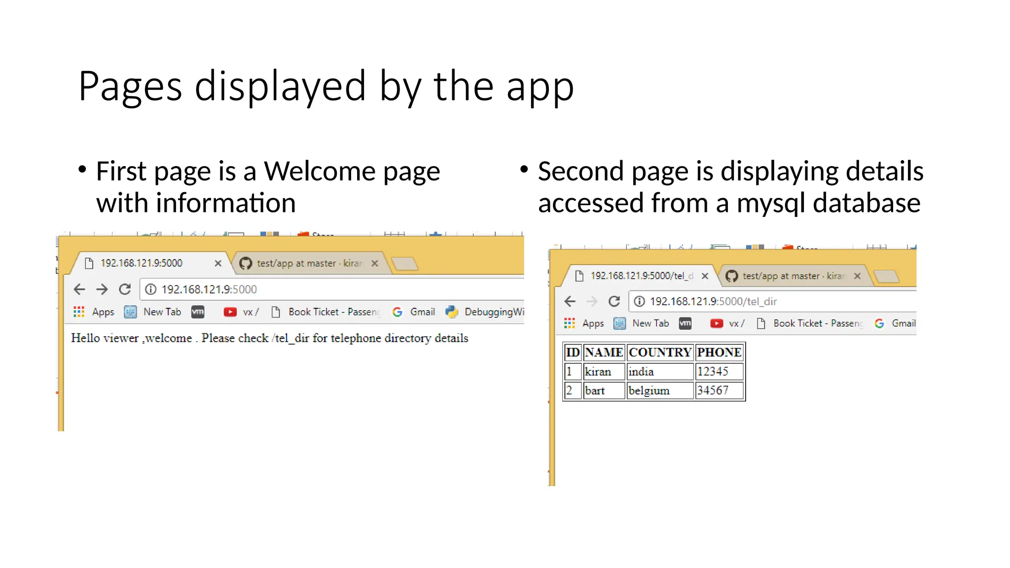 Pages displayed by the app
• First page is a Welcome page
with information
• Second page is displaying details
accessed from a mysql database
 